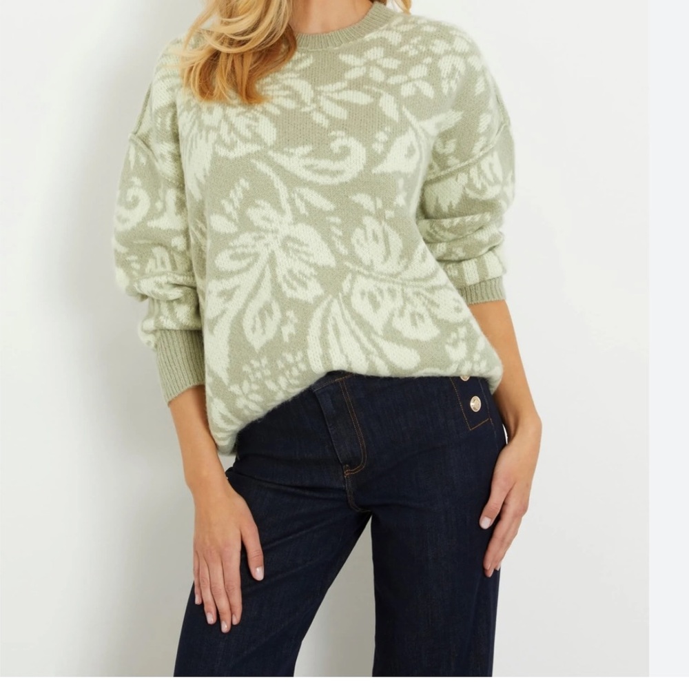 GUESS Olive Green Flower Pattern Sweater - Size XS